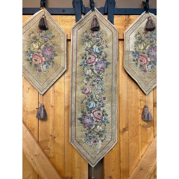 Table Runner Set of 3 Tassels Tapestry Floral - Picture 1 of 12